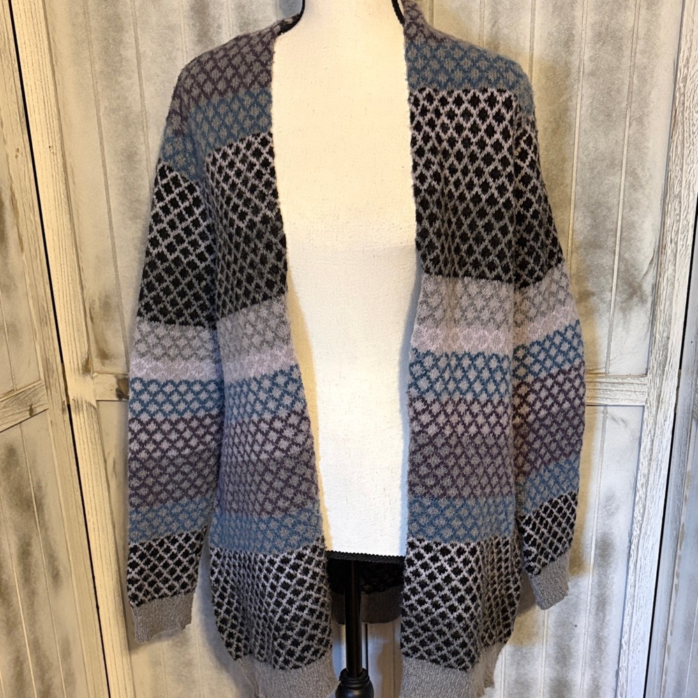 Absolutely Famous Open Front Diamond Geometric Knit Cardigan
